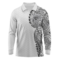Hawaiian Traditional Tattoos Long Sleeve Polo Shirt Kakau Tribal Tropical Plant Motif White Color