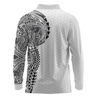 Hawaiian Traditional Tattoos Long Sleeve Polo Shirt Kakau Tribal Tropical Plant Motif White Color