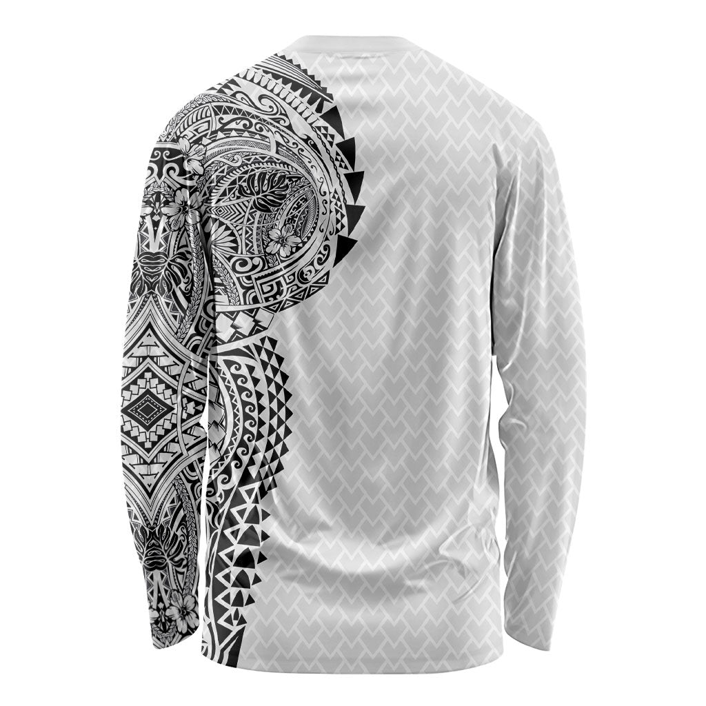 Hawaiian Traditional Tattoos Long Sleeve Shirt Kakau Tribal Tropical Plant Motif White Color