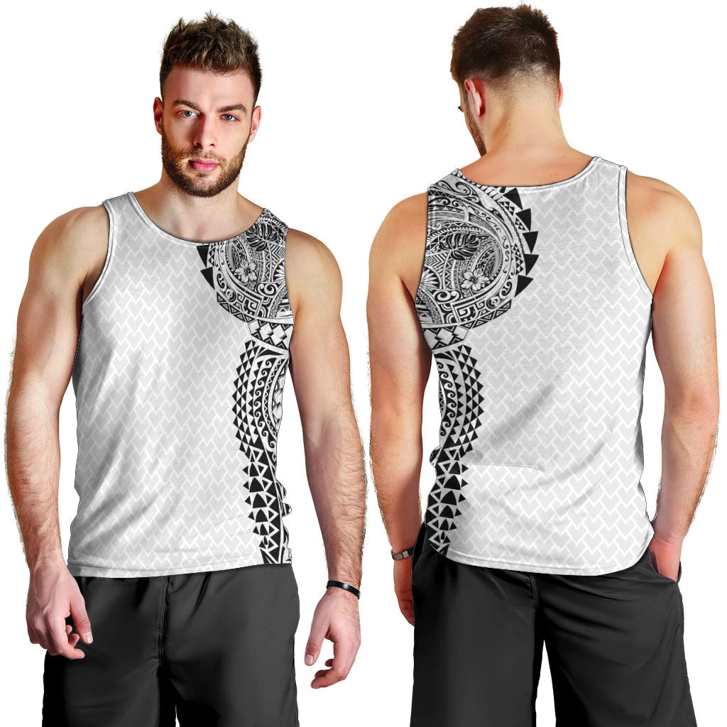 Hawaiian Traditional Tattoos Men Tank Top Kakau Tribal Tropical Plant Motif White Color