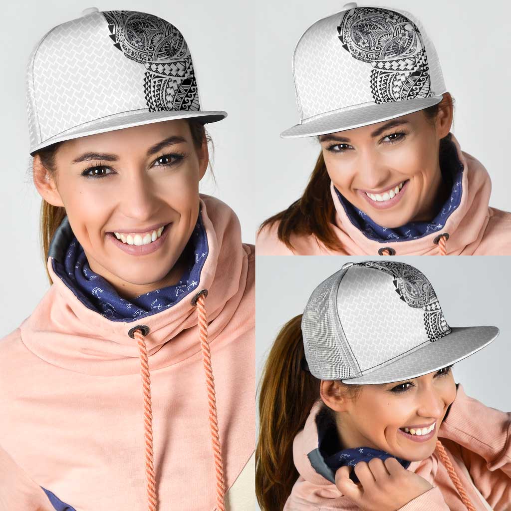 Hawaiian Traditional Tattoos Mesh Trucker Cap Kakau Tribal Tropical Plants Motif White Color