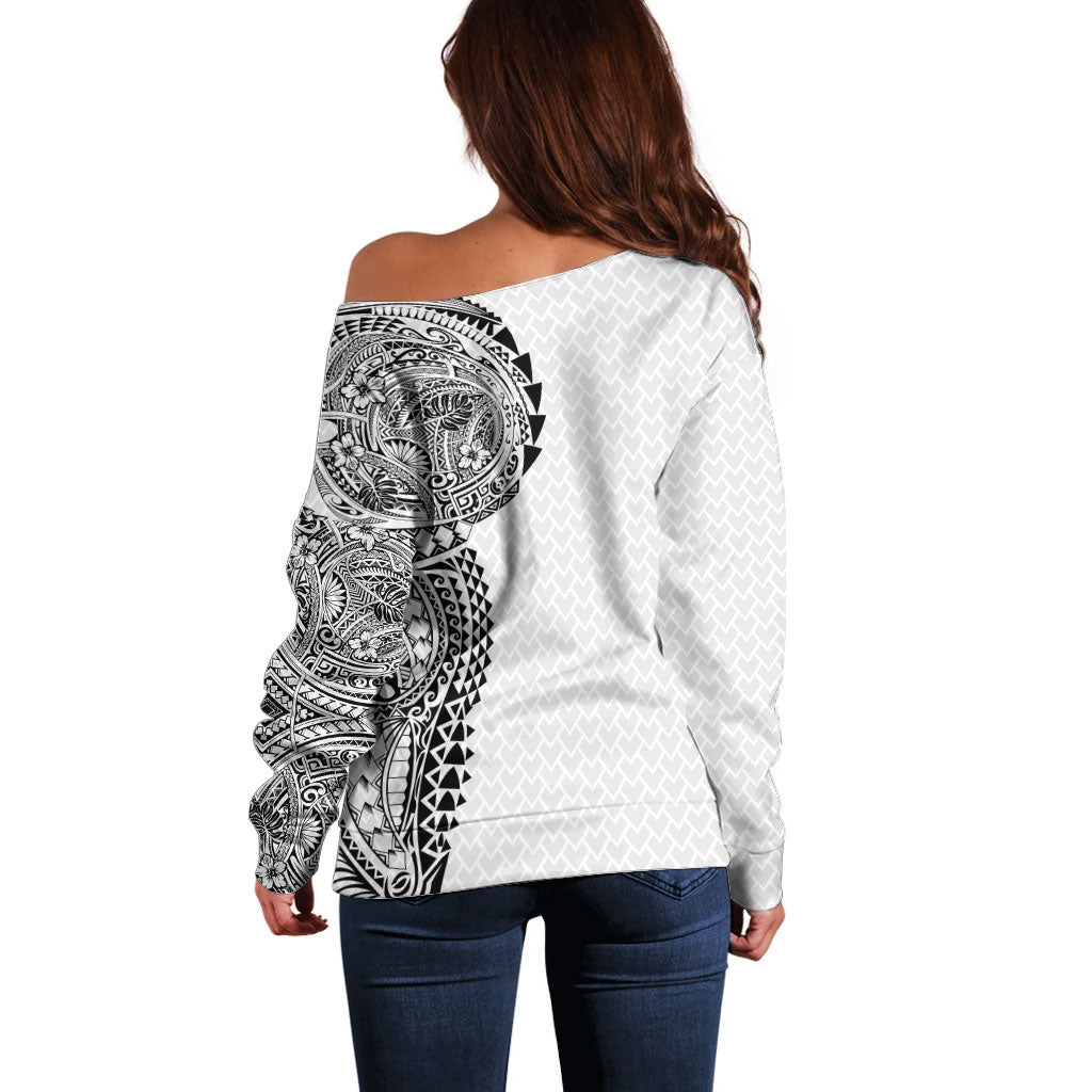 Hawaiian Traditional Tattoos Off Shoulder Sweater Kakau Tribal Tropical Plant Motif White Color