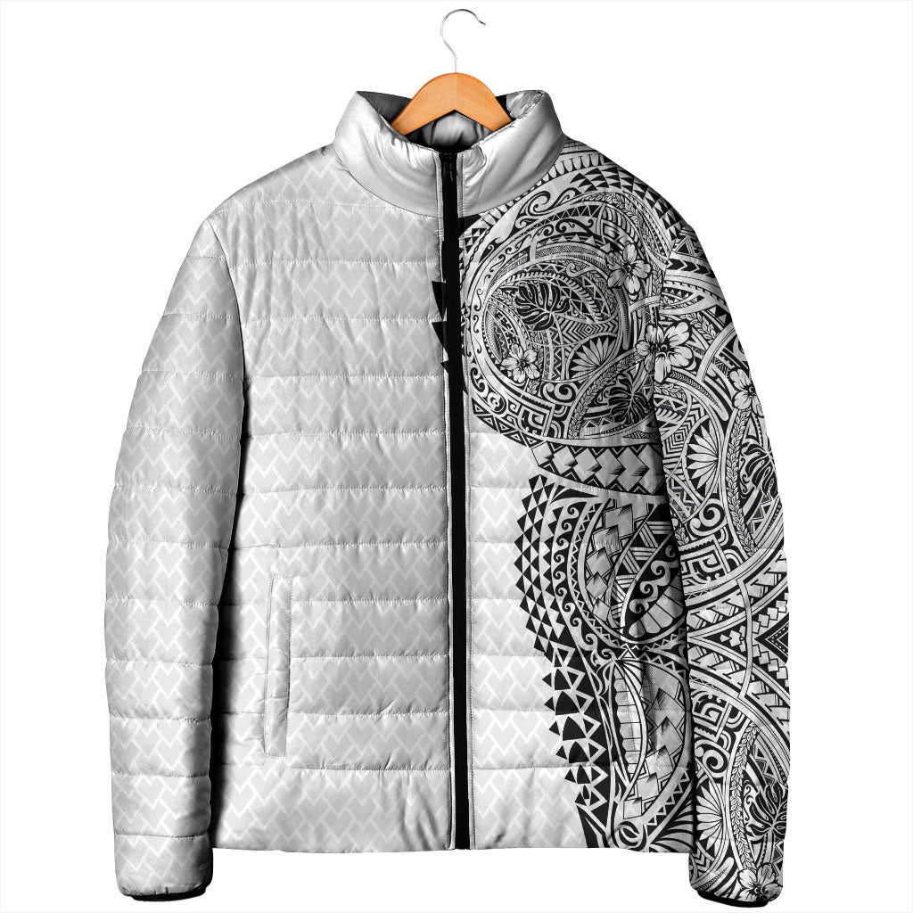 Hawaiian Traditional Tattoos Padded Jacket Kakau Tribal Tropical Plant Motif White Color