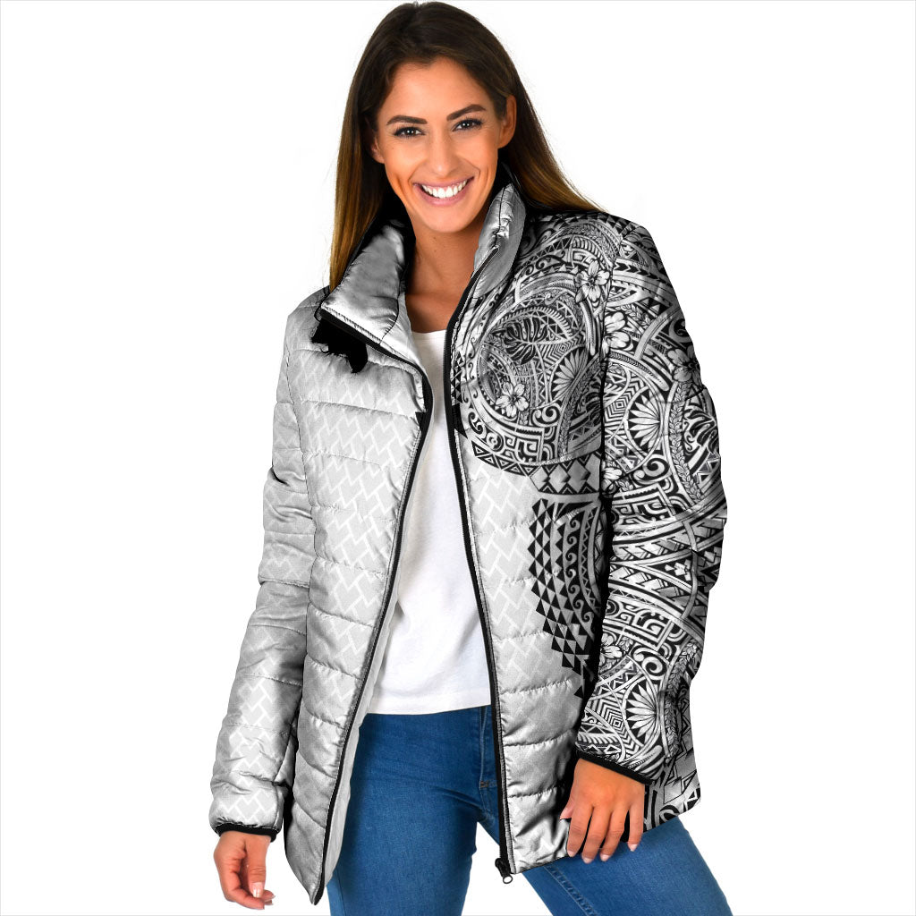 Hawaiian Traditional Tattoos Padded Jacket Kakau Tribal Tropical Plant Motif White Color