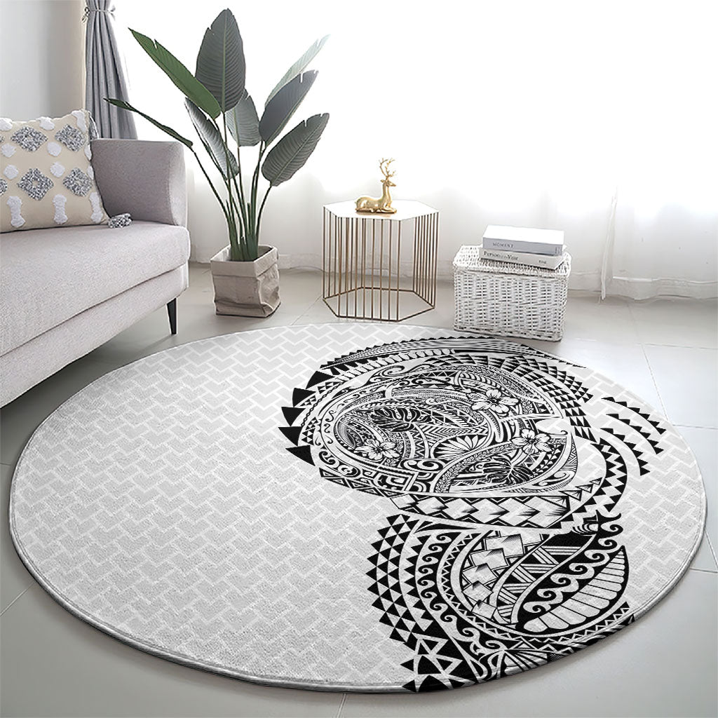 Hawaiian Traditional Tattoos Round Carpet Kakau Tribal Tropical Plant Motif White Color