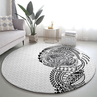 Hawaiian Traditional Tattoos Round Carpet Kakau Tribal Tropical Plant Motif White Color