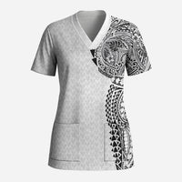 Hawaiian Traditional Tattoos Scrub Top Kakau Tribal Tropical Plant Motif White Color