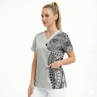 Hawaiian Traditional Tattoos Scrub Top Kakau Tribal Tropical Plant Motif White Color