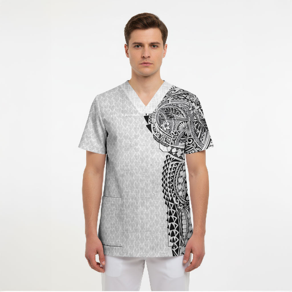 Hawaiian Traditional Tattoos Scrub Top Kakau Tribal Tropical Plant Motif White Color