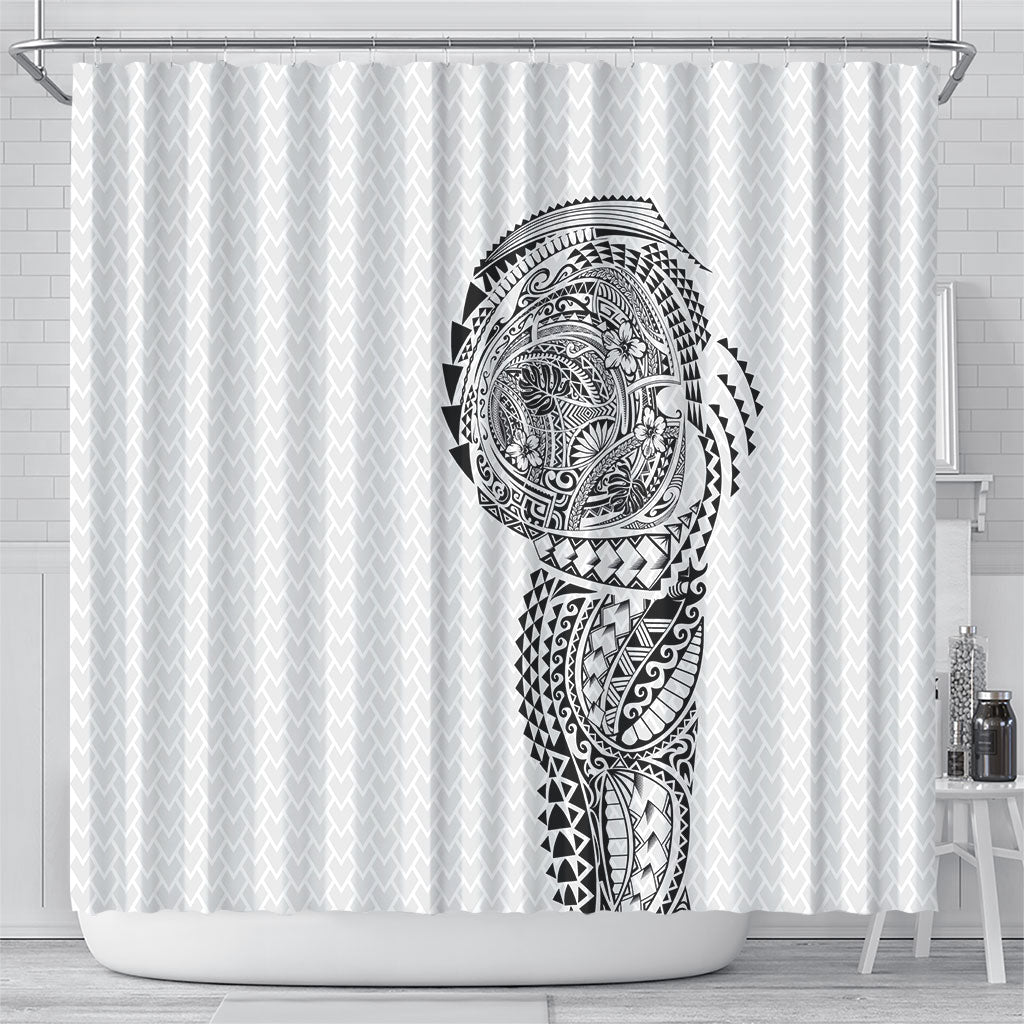 Hawaiian Traditional Tattoos Shower Curtain Kakau Tribal Tropical Plant Motif White Color