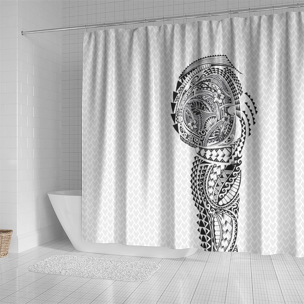 Hawaiian Traditional Tattoos Shower Curtain Kakau Tribal Tropical Plant Motif White Color