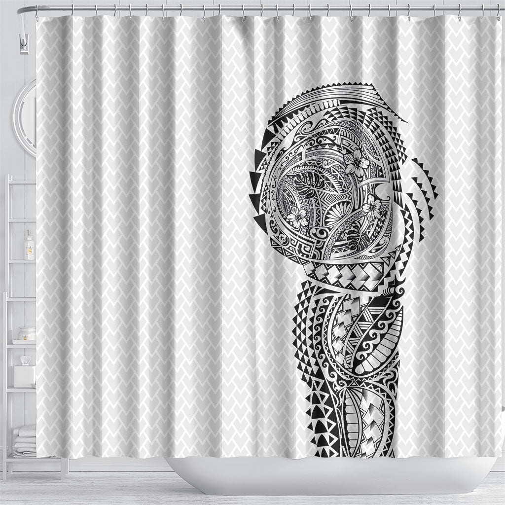 Hawaiian Traditional Tattoos Shower Curtain Kakau Tribal Tropical Plant Motif White Color