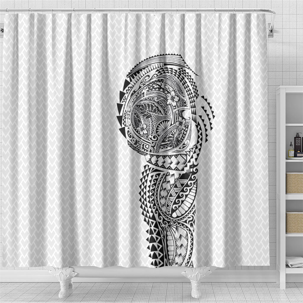 Hawaiian Traditional Tattoos Shower Curtain Kakau Tribal Tropical Plant Motif White Color