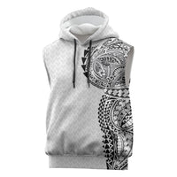Hawaiian Traditional Tattoos Sleeveless Hoodie Kakau Tribal Tropical Plant Motif White Color