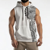 Hawaiian Traditional Tattoos Sleeveless Hoodie Kakau Tribal Tropical Plant Motif White Color