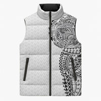 Hawaiian Traditional Tattoos Sleeveless Puffer Jacket Kakau Tribal Tropical Plant Motif White Color