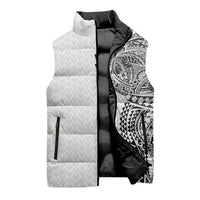 Hawaiian Traditional Tattoos Sleeveless Puffer Jacket Kakau Tribal Tropical Plant Motif White Color