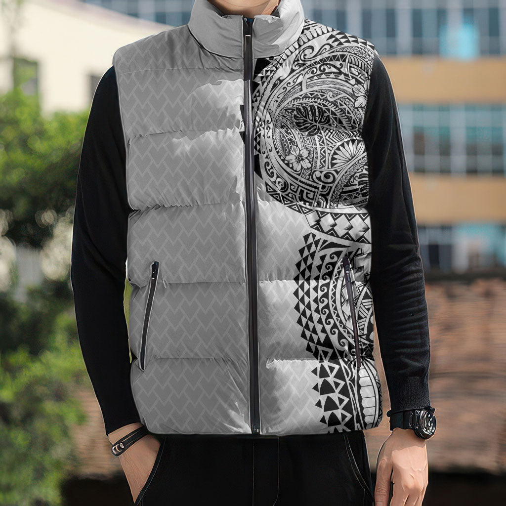 Hawaiian Traditional Tattoos Sleeveless Puffer Jacket Kakau Tribal Tropical Plant Motif White Color