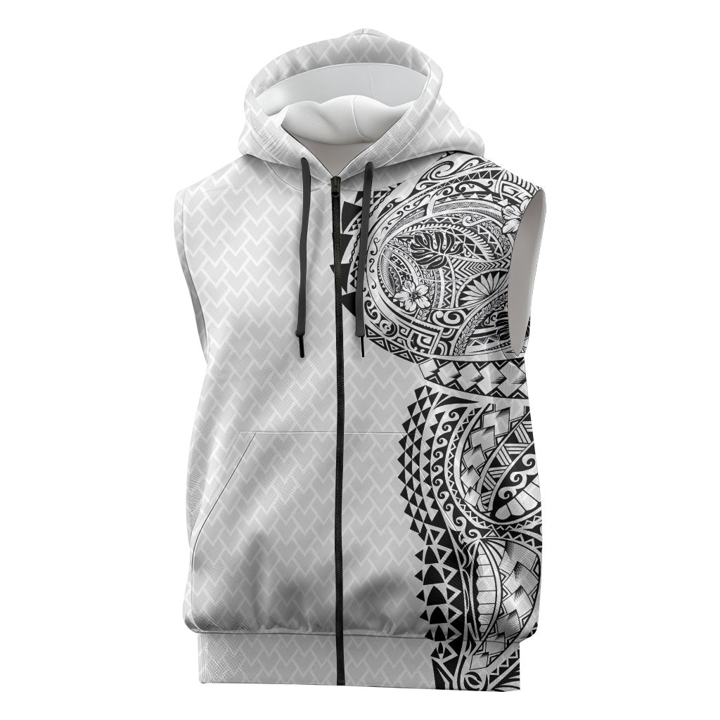 Hawaiian Traditional Tattoos Sleeveless Zip Hoodie Kakau Tribal Tropical Plant Motif White Color
