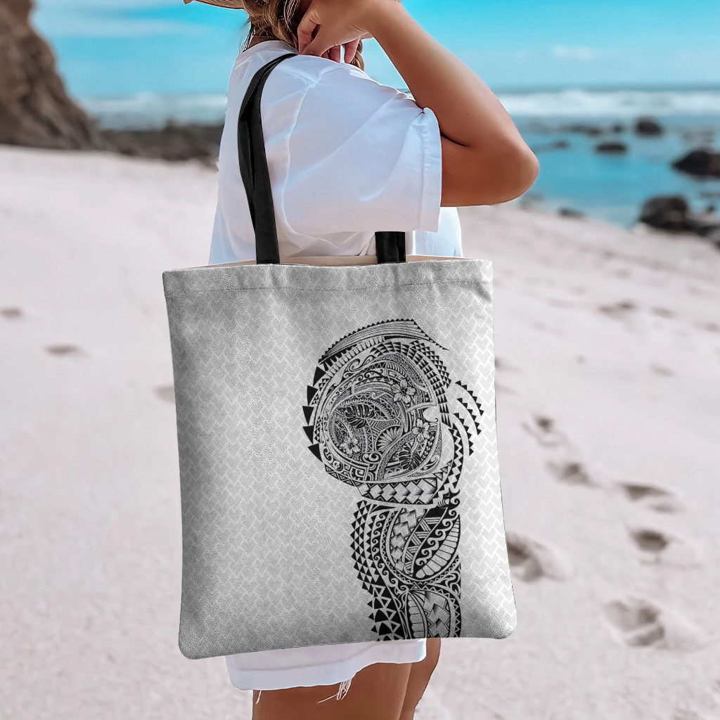 Hawaiian Traditional Tattoos Tote Bag Kakau Tribal Tropical Plant Motif White Color