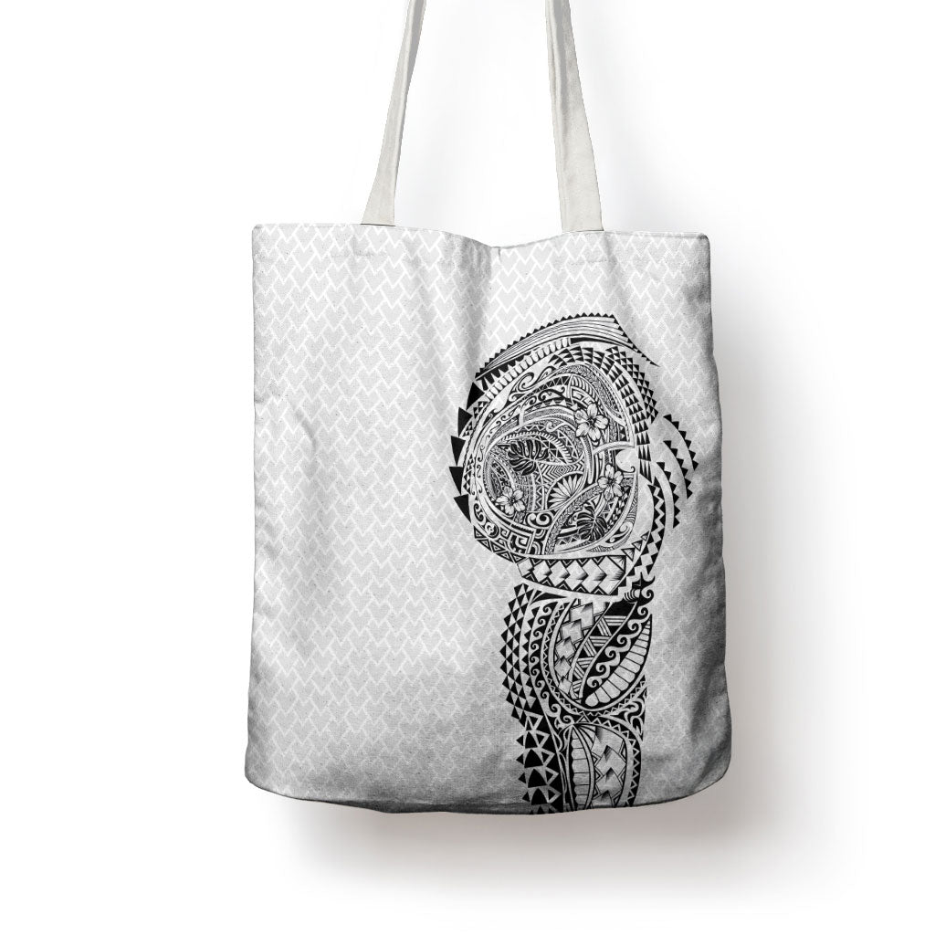 Hawaiian Traditional Tattoos Tote Bag Kakau Tribal Tropical Plant Motif White Color