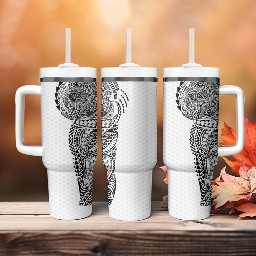 Hawaiian Traditional Tattoos Tumbler With Handle Kakau Tribal Tropical Plant Motif White Color