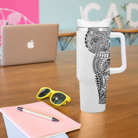 Hawaiian Traditional Tattoos Tumbler With Handle Kakau Tribal Tropical Plant Motif White Color