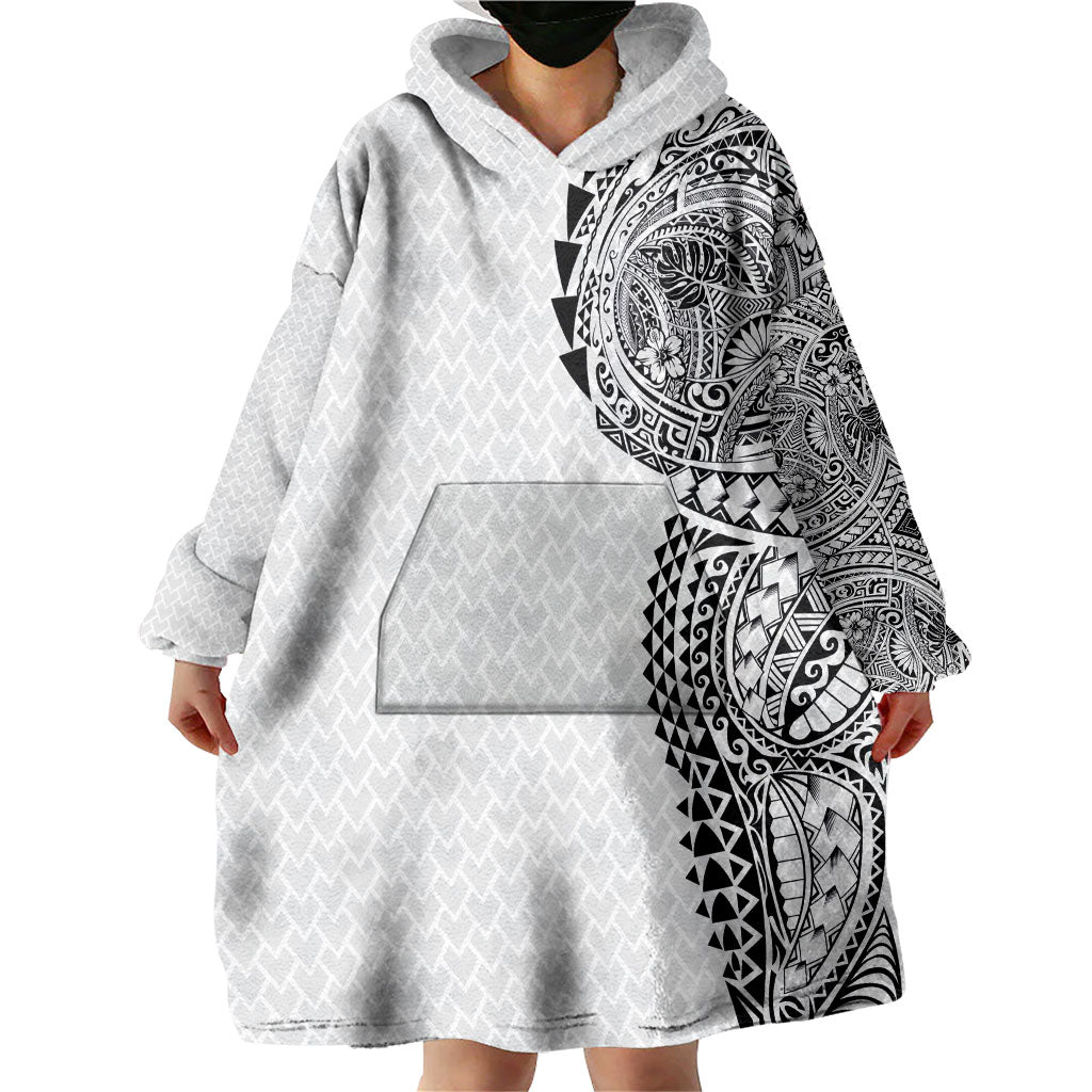 Hawaiian Traditional Tattoos Wearable Blanket Hoodie Kakau Tribal Tropical Plant Motif White Color