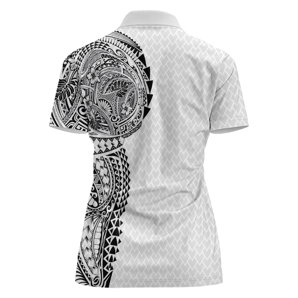 Hawaiian Traditional Tattoos Women Polo Shirt Kakau Tribal Tropical Plant Motif White Color