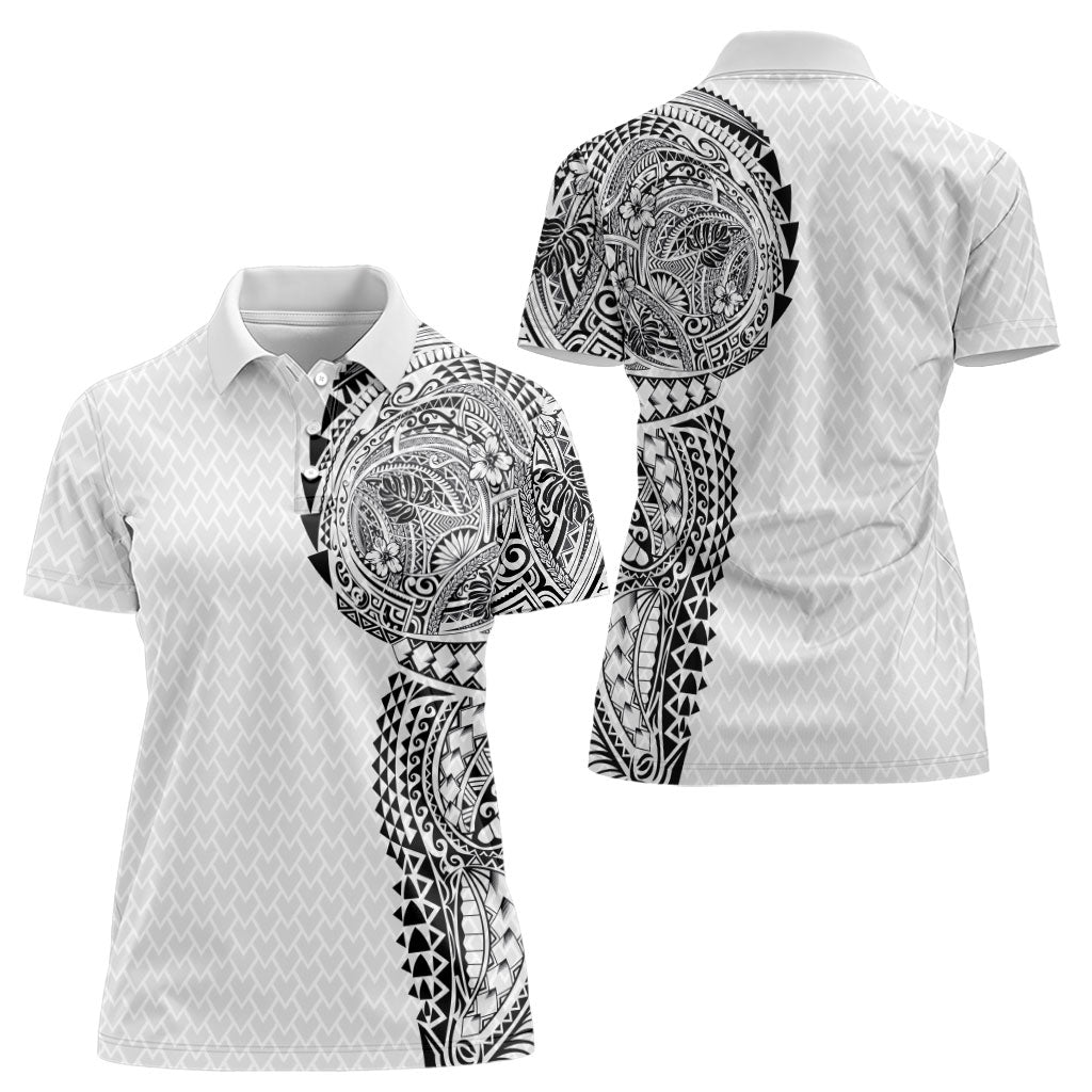 Hawaiian Traditional Tattoos Women Polo Shirt Kakau Tribal Tropical Plant Motif White Color