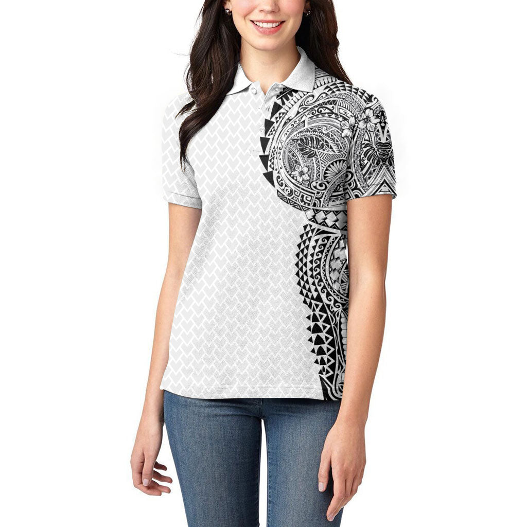 Hawaiian Traditional Tattoos Women Polo Shirt Kakau Tribal Tropical Plant Motif White Color
