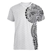 Hawaiian Traditional Tattoos Women V-Neck T-Shirt Kakau Tribal Tropical Plant Motif White Color
