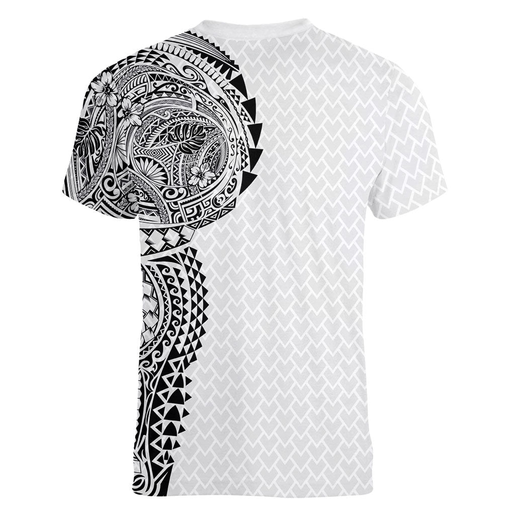 Hawaiian Traditional Tattoos Women V-Neck T-Shirt Kakau Tribal Tropical Plant Motif White Color