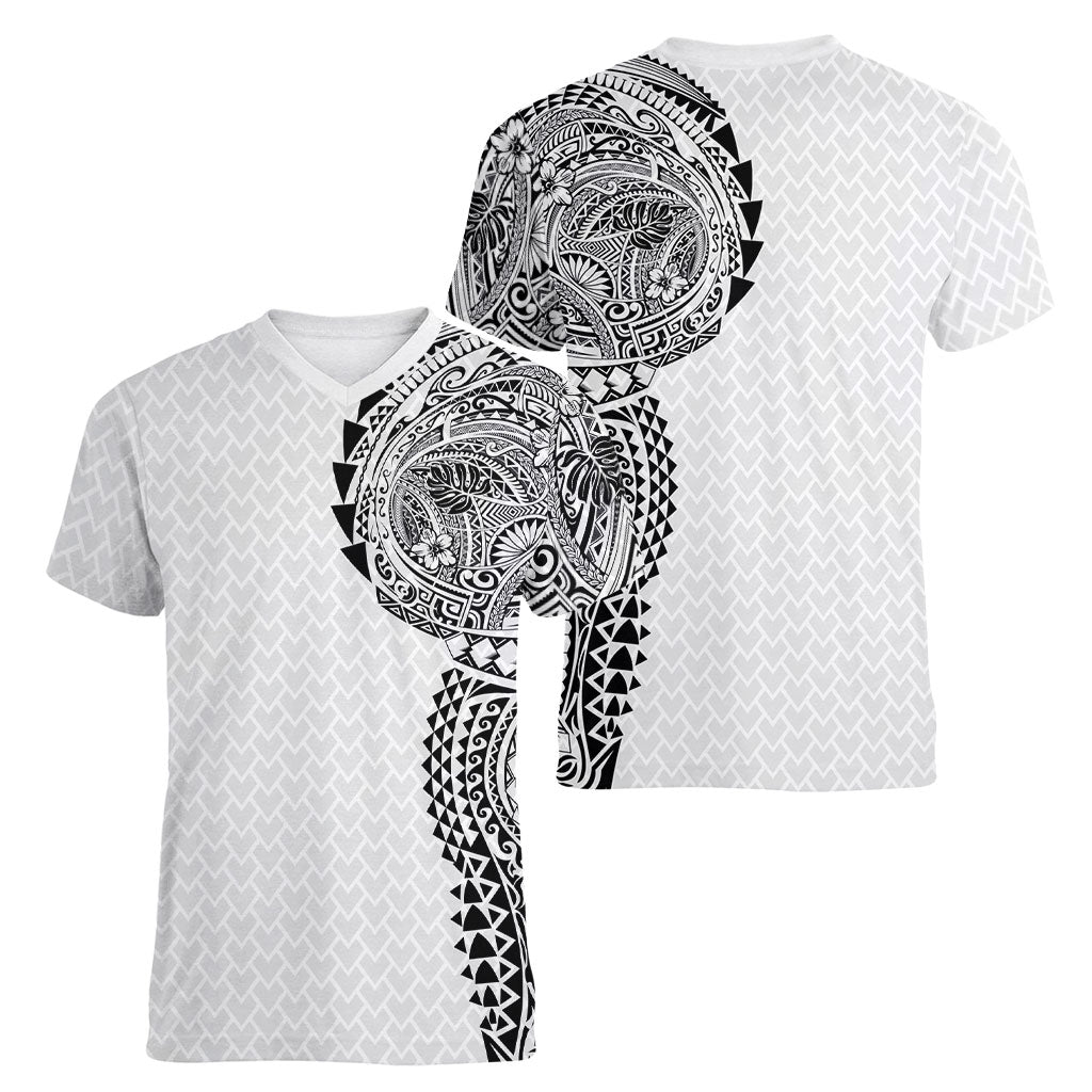 Hawaiian Traditional Tattoos Women V-Neck T-Shirt Kakau Tribal Tropical Plant Motif White Color