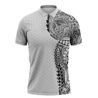 Hawaiian Traditional Tattoos Zipper Polo Shirt Kakau Tribal Tropical Plant Motif White Color