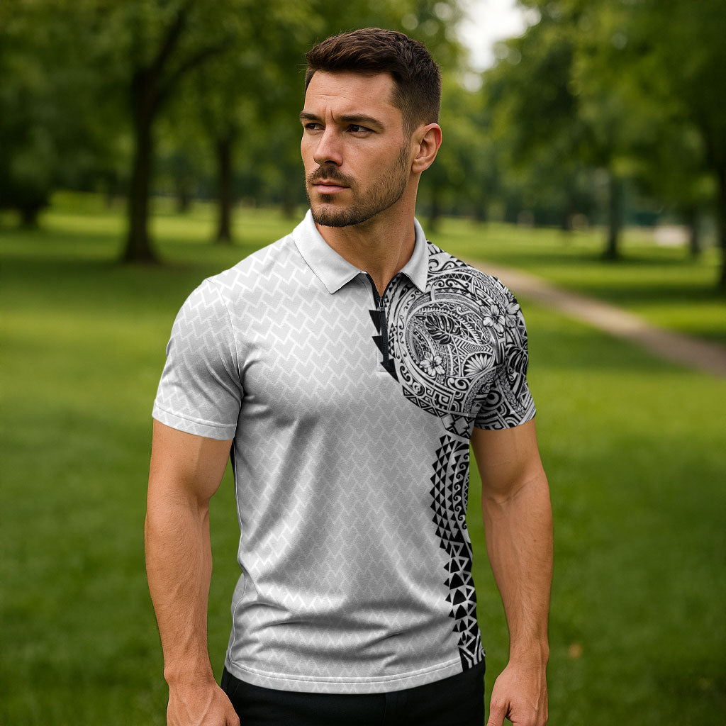 Hawaiian Traditional Tattoos Zipper Polo Shirt Kakau Tribal Tropical Plant Motif White Color
