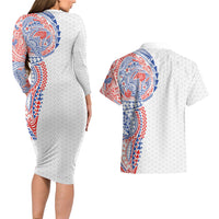 Hawaiian Traditional Tattoos Couples Matching Long Sleeve Bodycon Dress and Hawaiian Shirt Kakau Tribal Tropical Plant Motif Hawaii Flag Color Inspired