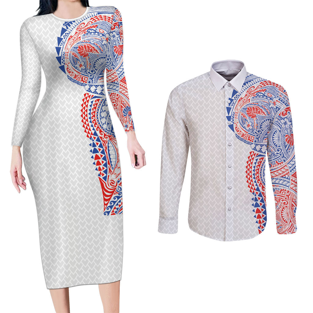 Hawaiian Traditional Tattoos Couples Matching Long Sleeve Bodycon Dress and Long Sleeve Button Shirt Kakau Tribal Tropical Plant Motif Hawaii Flag Color Inspired LT03 Multicolor - Polynesian Pride