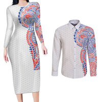 Hawaiian Traditional Tattoos Couples Matching Long Sleeve Bodycon Dress and Long Sleeve Button Shirt Kakau Tribal Tropical Plant Motif Hawaii Flag Color Inspired LT03 Multicolor - Polynesian Pride