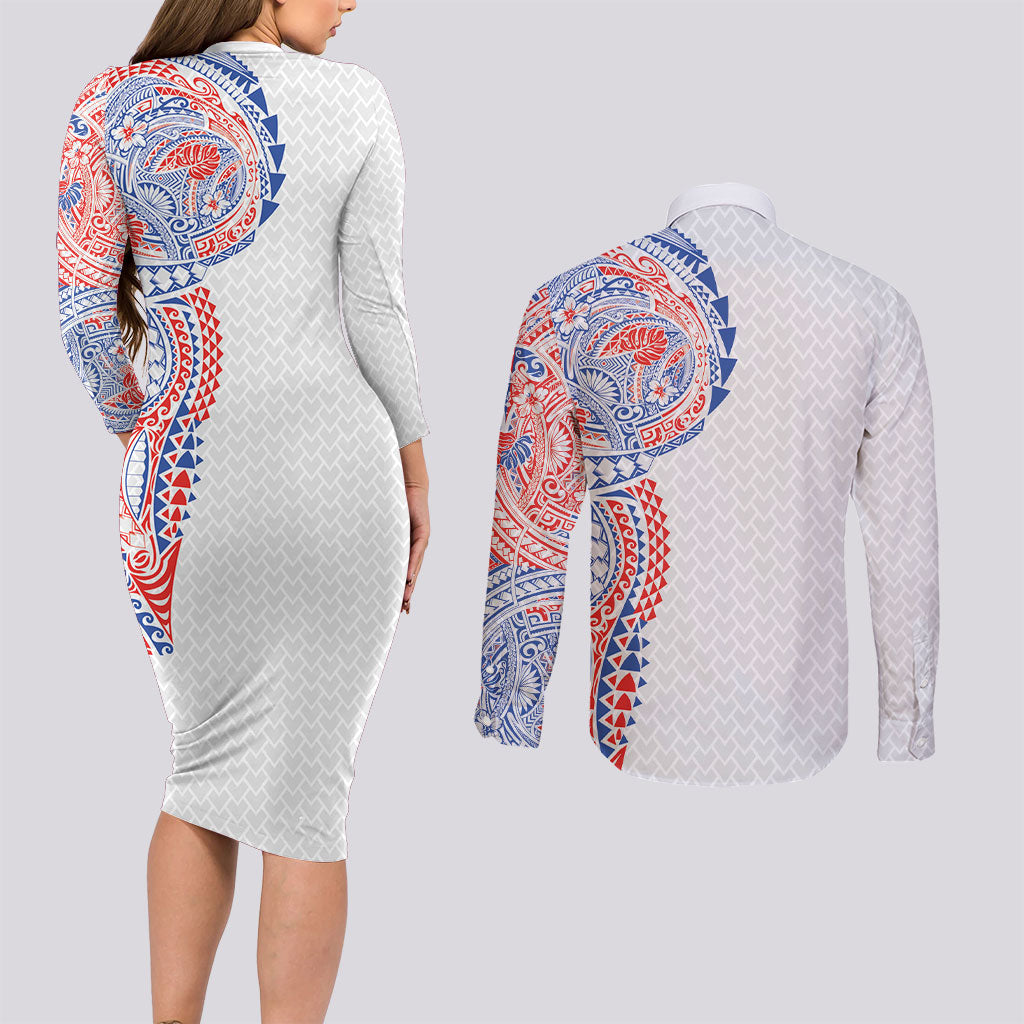 Hawaiian Traditional Tattoos Couples Matching Long Sleeve Bodycon Dress and Long Sleeve Button Shirt Kakau Tribal Tropical Plant Motif Hawaii Flag Color Inspired LT03 - Polynesian Pride