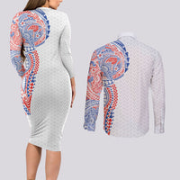 Hawaiian Traditional Tattoos Couples Matching Long Sleeve Bodycon Dress and Long Sleeve Button Shirt Kakau Tribal Tropical Plant Motif Hawaii Flag Color Inspired LT03 - Polynesian Pride