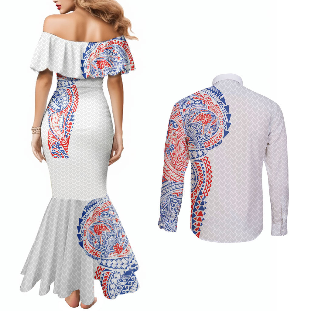 Hawaiian Traditional Tattoos Couples Matching Mermaid Dress and Long Sleeve Button Shirt Kakau Tribal Tropical Plant Motif Hawaii Flag Color Inspired