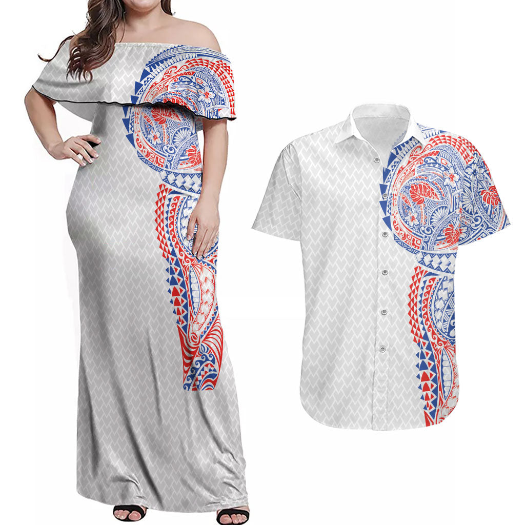 Hawaiian Traditional Tattoos Couples Matching Off Shoulder Maxi Dress and Hawaiian Shirt Kakau Tribal Tropical Plant Motif Hawaii Flag Color Inspired