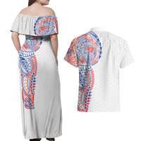 Hawaiian Traditional Tattoos Couples Matching Off Shoulder Maxi Dress and Hawaiian Shirt Kakau Tribal Tropical Plant Motif Hawaii Flag Color Inspired
