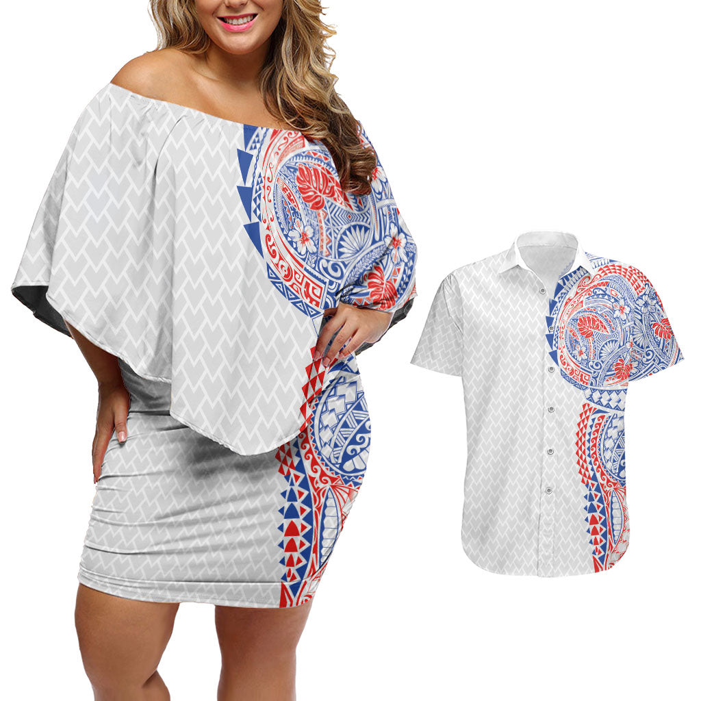 Hawaiian Traditional Tattoos Couples Matching Off Shoulder Short Dress and Hawaiian Shirt Kakau Tribal Tropical Plant Motif Hawaii Flag Color Inspired LT03 Multicolor - Polynesian Pride