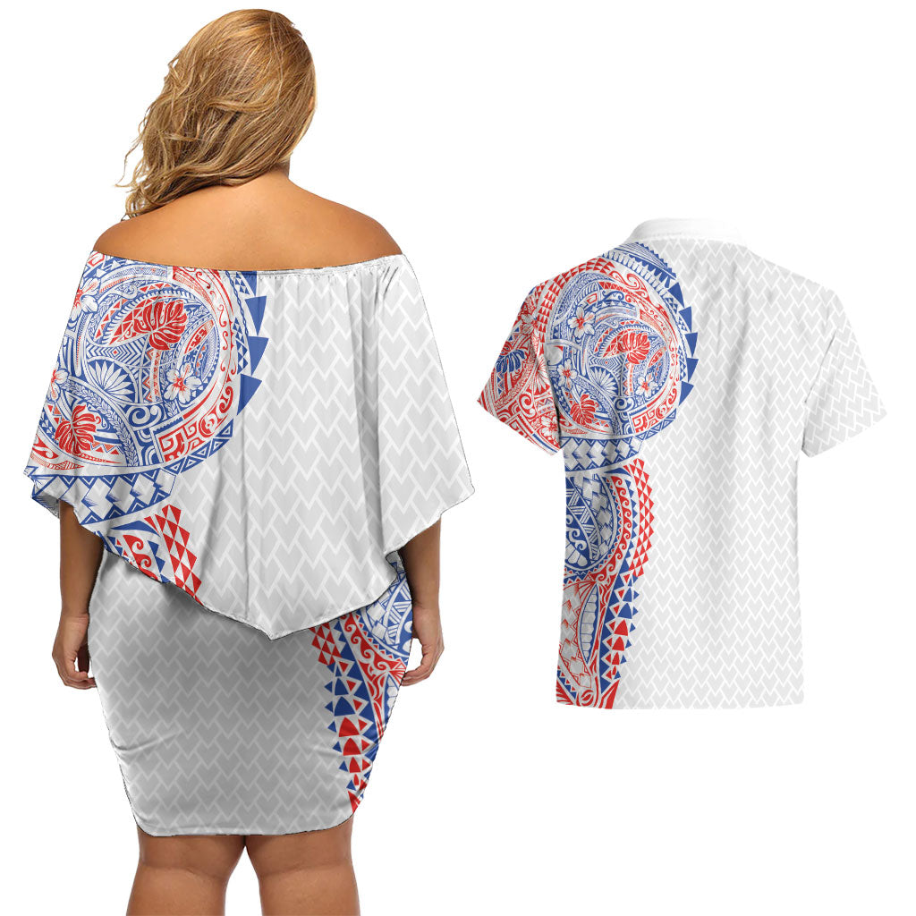 Hawaiian Traditional Tattoos Couples Matching Off Shoulder Short Dress and Hawaiian Shirt Kakau Tribal Tropical Plant Motif Hawaii Flag Color Inspired LT03 - Polynesian Pride