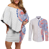 Hawaiian Traditional Tattoos Couples Matching Off Shoulder Short Dress and Long Sleeve Button Shirt Kakau Tribal Tropical Plant Motif Hawaii Flag Color Inspired