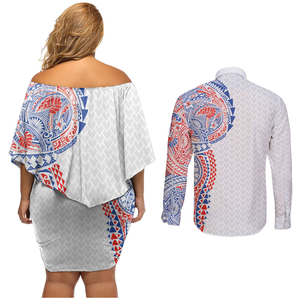 Hawaiian Traditional Tattoos Couples Matching Off Shoulder Short Dress and Long Sleeve Button Shirt Kakau Tribal Tropical Plant Motif Hawaii Flag Color Inspired