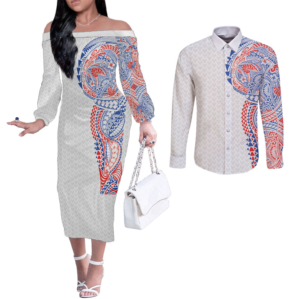 Hawaiian Traditional Tattoos Couples Matching Off The Shoulder Long Sleeve Dress and Long Sleeve Button Shirt Kakau Tribal Tropical Plant Motif Hawaii Flag Color Inspired