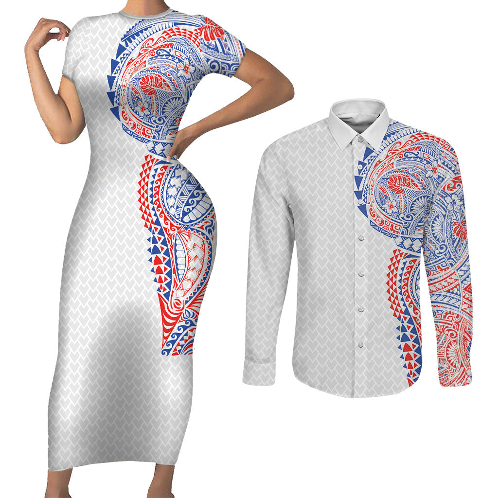 Hawaiian Traditional Tattoos Couples Matching Short Sleeve Bodycon Dress and Long Sleeve Button Shirt Kakau Tribal Tropical Plant Motif Hawaii Flag Color Inspired LT03 Multicolor - Polynesian Pride